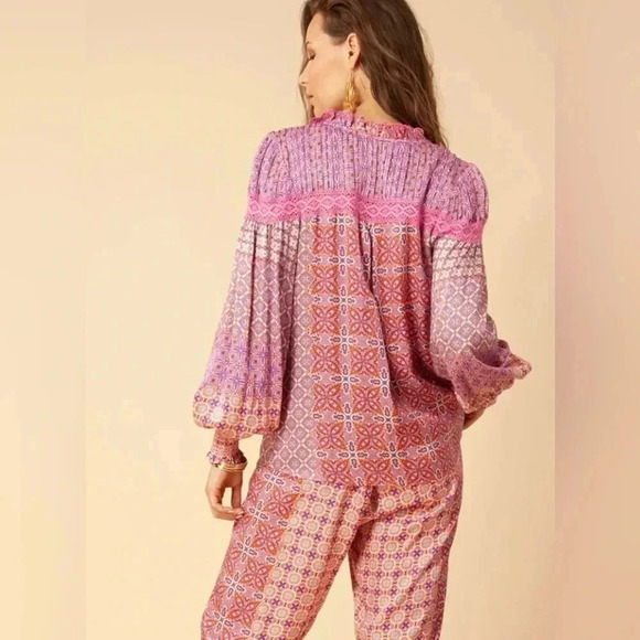 Hale Bob Los Angeles Adelaide Crochet Trim Pink Boho Pattern Blouse Size Small - Picture 2 of 15